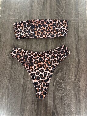 Leopard Print Bandeau Bikini Set - Brown & Black